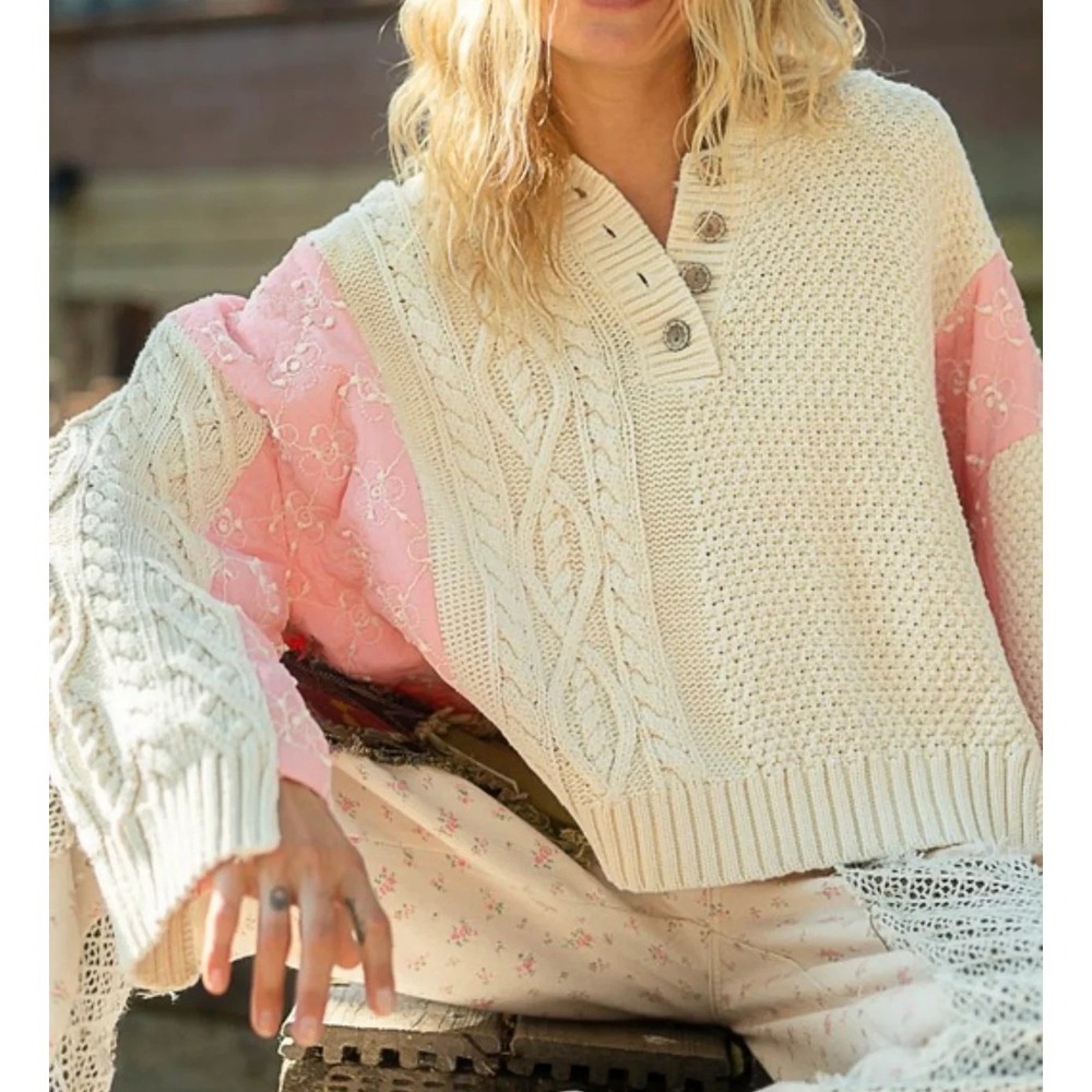 POL Sweater Hoodie Womens Medium Cream Pink‎ Patchwork Cable Knit Boho